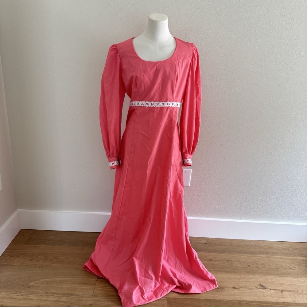 Vtg 70s Prairie Maxi Coral Pink Dress Lace Empire Waist Puff Sleeve S/M Cosplay